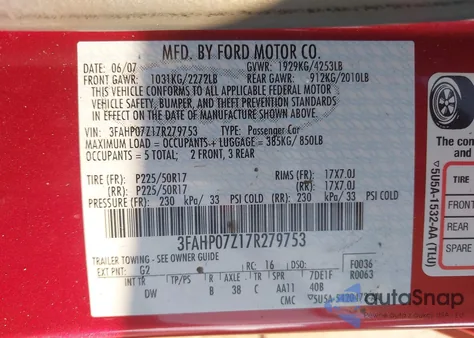 2007 Ford Fusion Se из США, поврежденный, VIN 3FAHP07Z17R279753